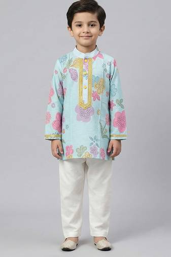 Blue floral printed cotton silk kurta set