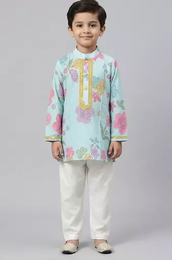 Blue floral printed cotton silk kurta set