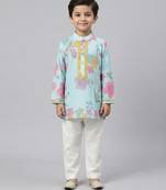 Blue floral printed cotton silk kurta set