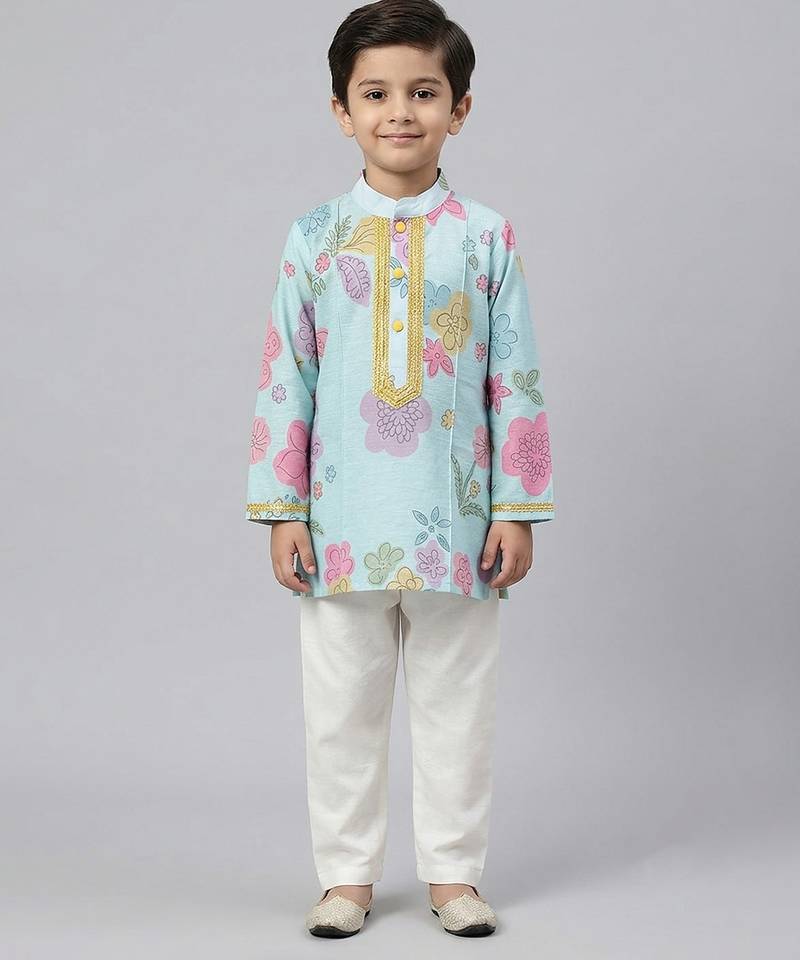 Blue floral printed cotton silk kurta set