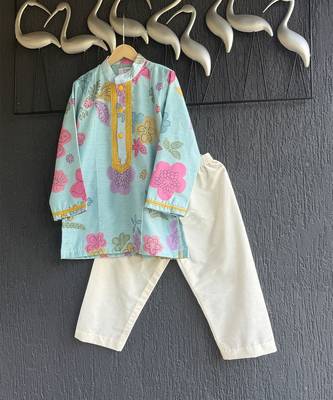 Blue floral printed cotton silk kurta set 2