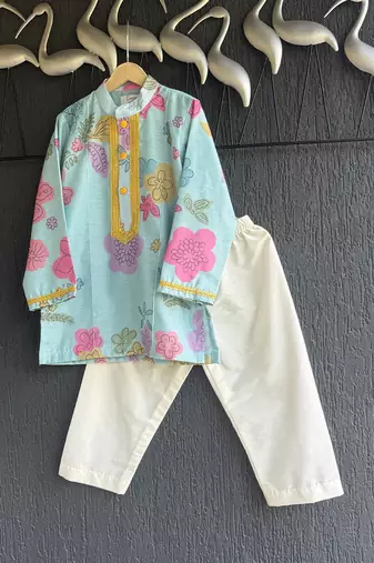 Blue floral printed cotton silk kurta set