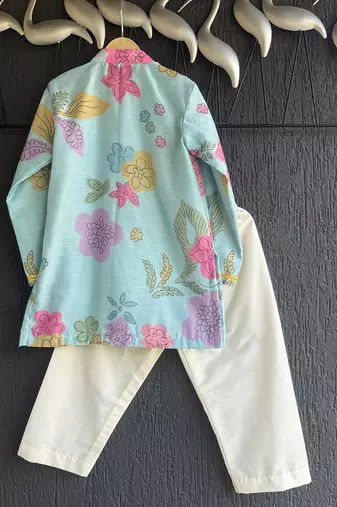 Blue floral printed cotton silk kurta set