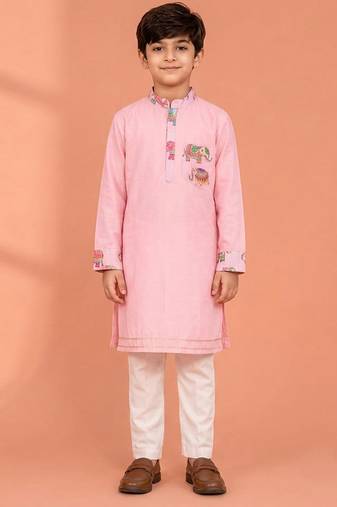 Pink printed cotton silk kurta set
