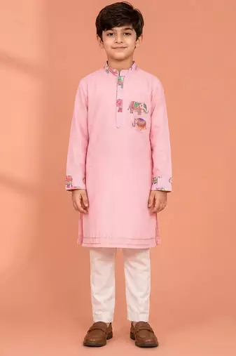 Pink printed cotton silk kurta set