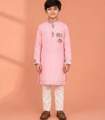 Pink printed cotton silk kurta set