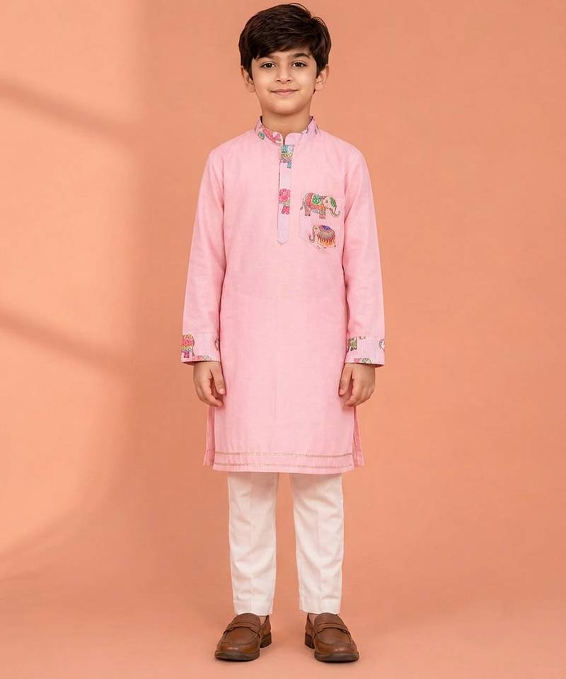 Pink printed cotton silk kurta set