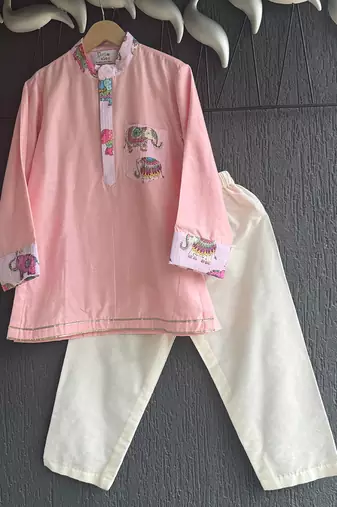 Pink printed cotton silk kurta set
