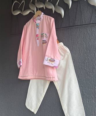 Pink printed cotton silk kurta set 3