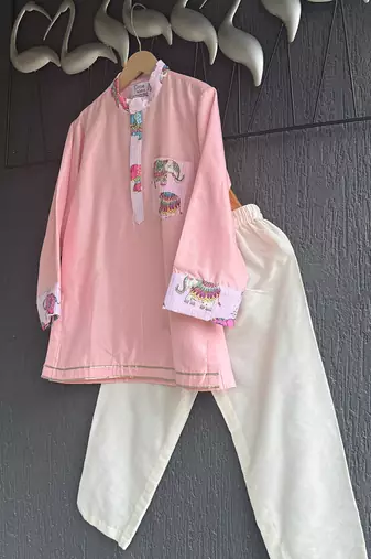 Pink printed cotton silk kurta set