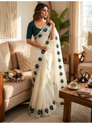 Teal Color Beautiful Aplic work with sequins  Embroidery Work Silk Blend Saree 1