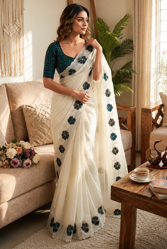 Teal Color Beautiful Aplic work with sequins  Embroidery Work Silk Blend Saree