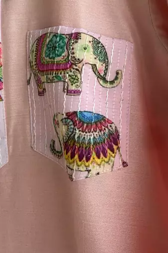 Pink printed cotton silk kurta set