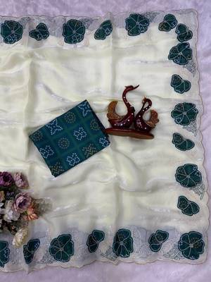 Teal Color Beautiful Aplic work with sequins  Embroidery Work Silk Blend Saree 2