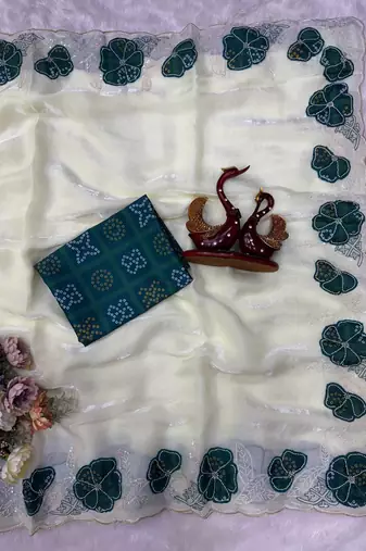 Teal Color Beautiful Aplic work with sequins  Embroidery Work Silk Blend Saree