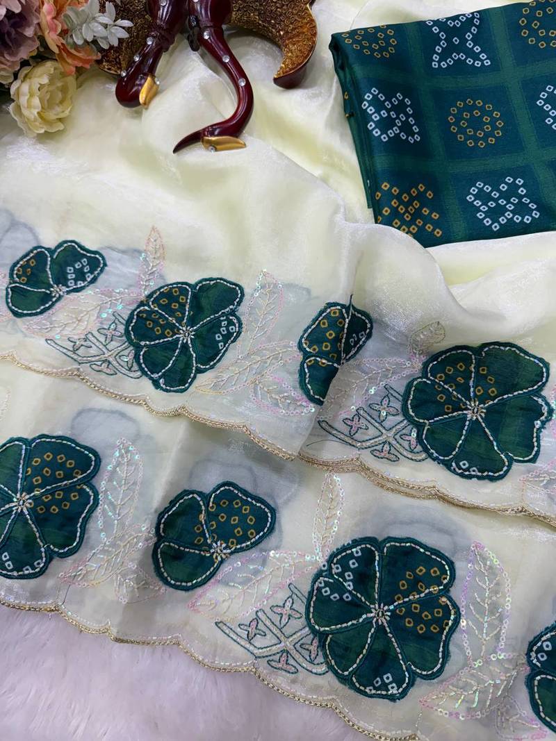 Teal Color Beautiful Aplic work with sequins  Embroidery Work Silk Blend Saree