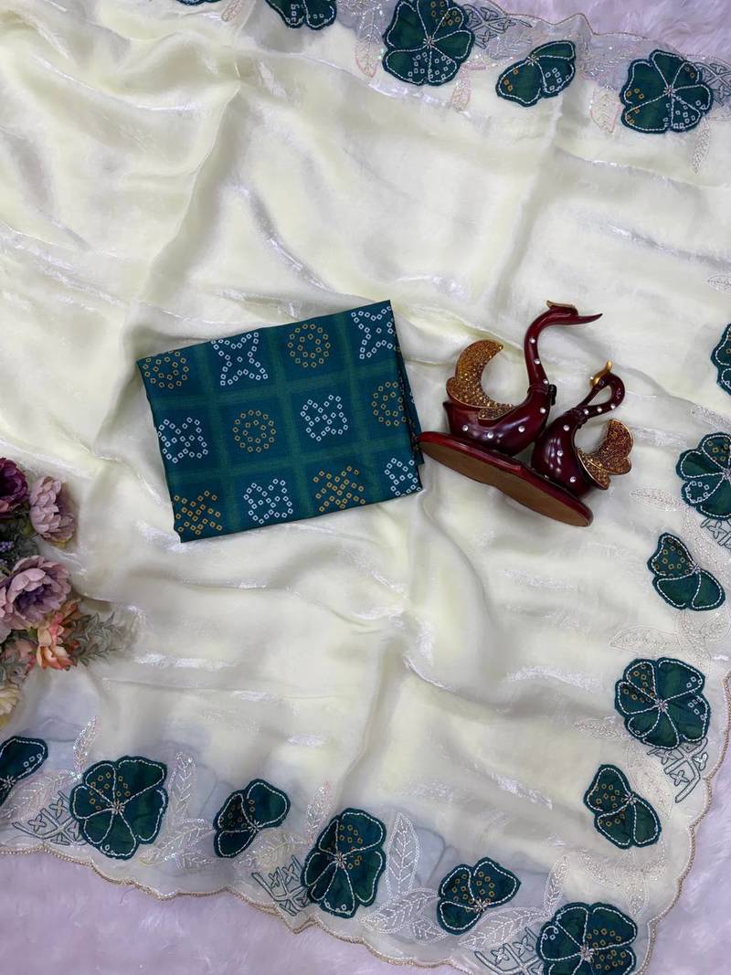 Teal Color Beautiful Aplic work with sequins  Embroidery Work Silk Blend Saree