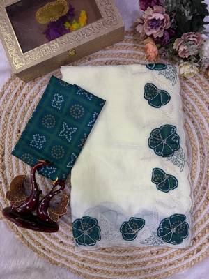 Teal Color Beautiful Aplic work with sequins  Embroidery Work Silk Blend Saree 5