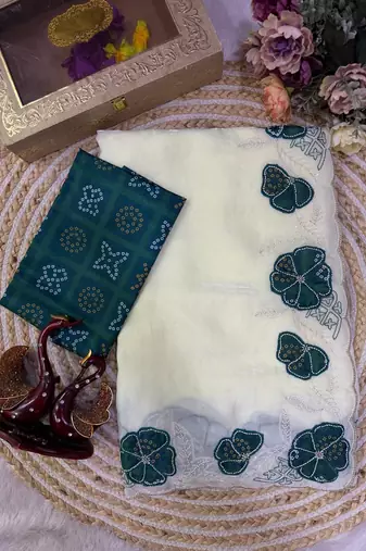 Teal Color Beautiful Aplic work with sequins  Embroidery Work Silk Blend Saree