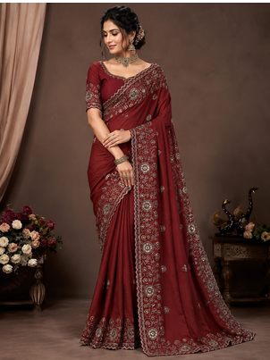 Burgundy Color Beautiful Sequence & Zari embroidery work Silk Blend Saree 1