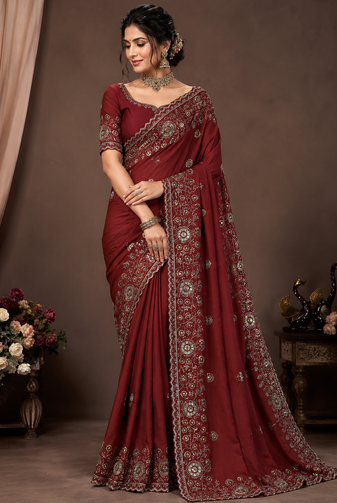 Burgundy Color Beautiful Sequence & Zari embroidery work Silk Blend Saree