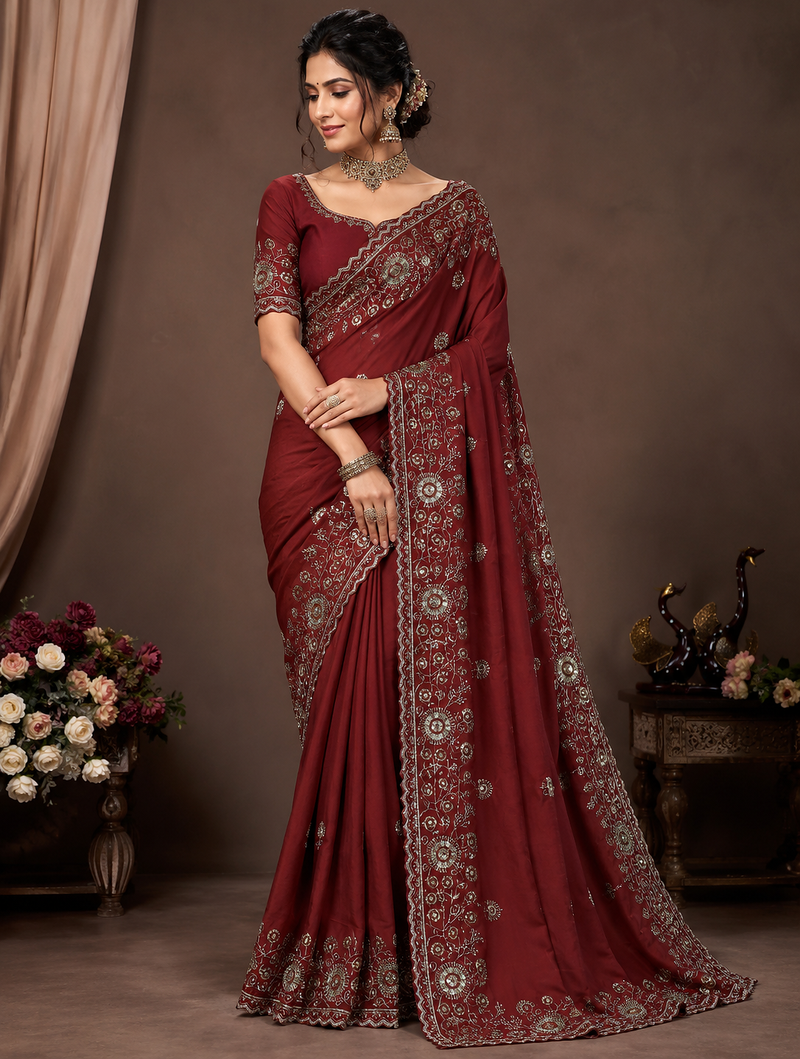 Burgundy Color Beautiful Sequence & Zari embroidery work Silk Blend Saree