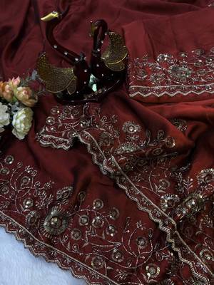 Burgundy Color Beautiful Sequence & Zari embroidery work Silk Blend Saree 2