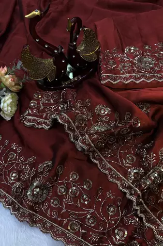 Burgundy Color Beautiful Sequence & Zari embroidery work Silk Blend Saree