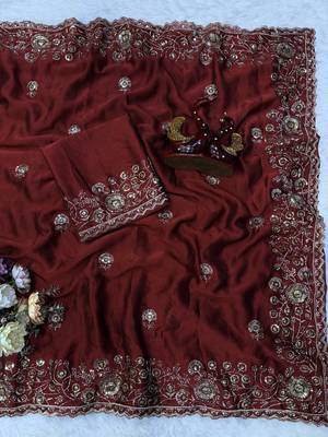 Burgundy Color Beautiful Sequence & Zari embroidery work Silk Blend Saree 3
