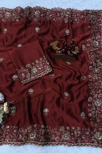 Burgundy Color Beautiful Sequence & Zari embroidery work Silk Blend Saree