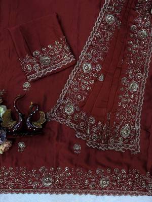 Burgundy Color Beautiful Sequence & Zari embroidery work Silk Blend Saree 4