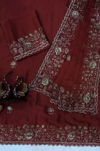 Burgundy Color Beautiful Sequence & Zari embroidery work Silk Blend Saree