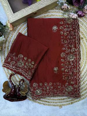 Burgundy Color Beautiful Sequence & Zari embroidery work Silk Blend Saree 5