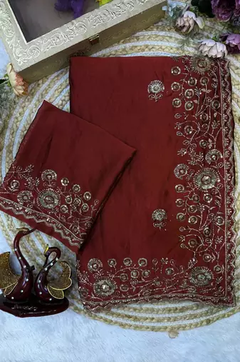 Burgundy Color Beautiful Sequence & Zari embroidery work Silk Blend Saree