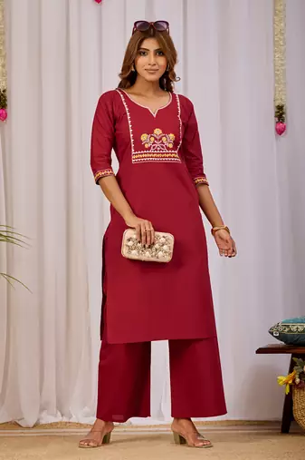  maroon dabu cotton kurti pant set