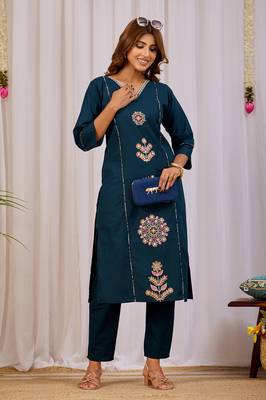 Elegant teal blue premium dabu cotton kurti pant set 1