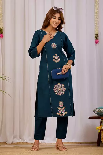 Elegant teal blue premium dabu cotton kurti pant set