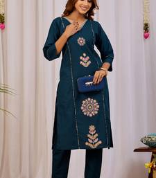 Elegant teal blue premium dabu cotton kurti pant set