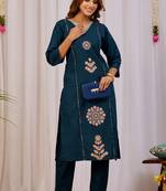 Elegant teal blue premium dabu cotton kurti pant set
