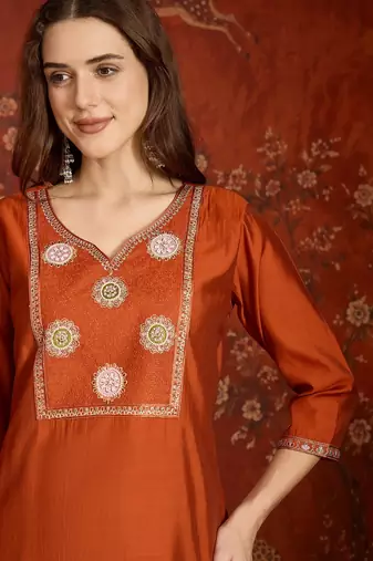 Elegant orange roman embroidered kurti pant set