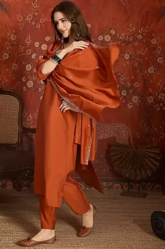 Elegant orange roman embroidered kurti pant set