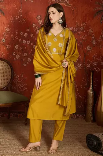 Elegant mustard yellow roman embroidered kurti pant set