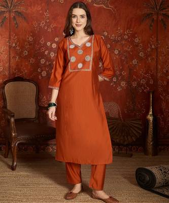 Elegant orange roman embroidered kurti pant set 5