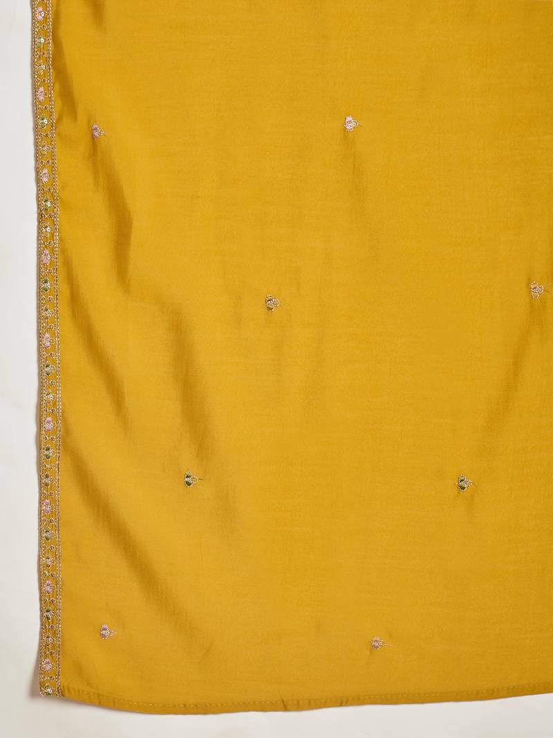 Elegant mustard yellow roman embroidered kurti pant set