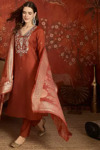 Elegant rust orange roman embroidered kurti pant set