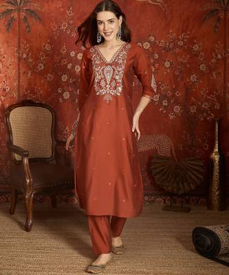 Elegant rust orange roman embroidered kurti pant set 5