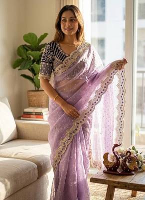 Lavender Color Sequance and Zari Embroidery Work Satin Saree 1