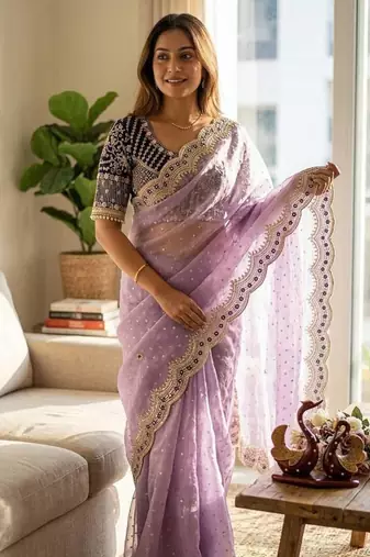 Lavender Color Sequance and Zari Embroidery Work Satin Saree