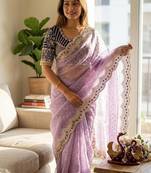 Lavender Color Sequance and Zari Embroidery Work Satin Saree