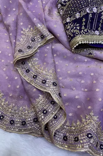 Lavender Color Sequance and Zari Embroidery Work Satin Saree